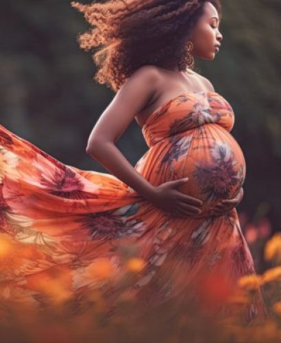 Elegant dramatic pregnant woman dancing  with a flowing dress in