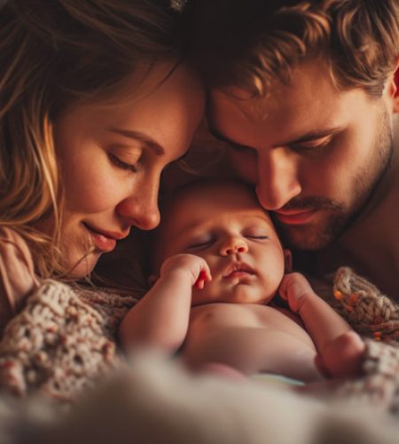 Happy family concept. Breast feeding newborn baby at home.