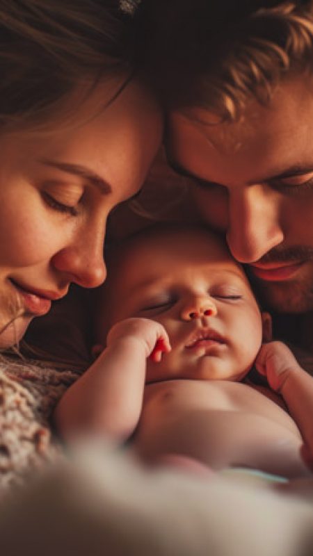 Happy family concept. Breast feeding newborn baby at home.
